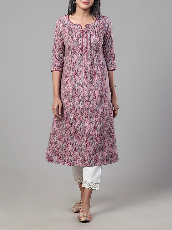 Multi colour 60's cotton katha printed kurti