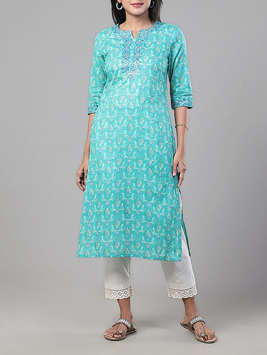 Aqua blue 60's cotton printed kurti with embroidery