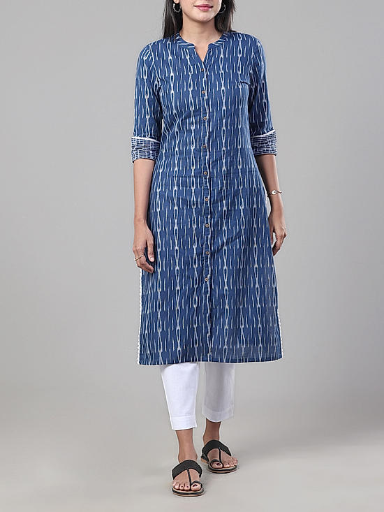 Navy blue cotton dobby kurti with lace detailing