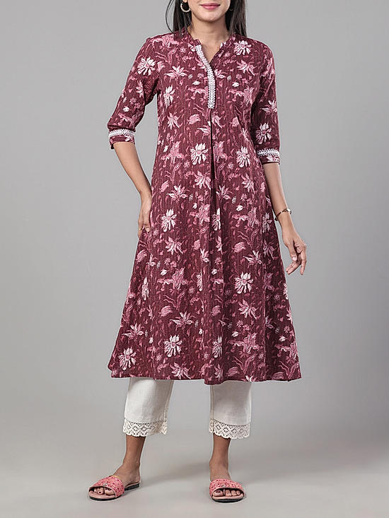 Wine red 60's cotton kurti with embroidery