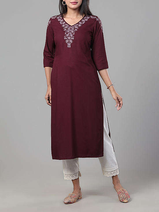 Wine red viscose slub kurti with embroidery