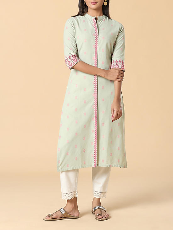 Pista green cotton dobby kurti with embroidery