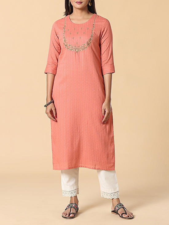 Brick red cotton dobby kurti with embroidery