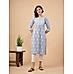 Polo blue cotton flax printed kurti with button placket