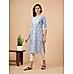 Polo blue cotton flax printed kurti with button placket