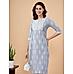 Polo blue cotton flax printed kurti with button placket