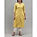 Lemon yellow cotton slub printed kurti with lace detailing