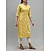 Lemon yellow cotton slub printed kurti with lace detailing