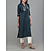 Teal green viscose slub kurti with embroidery