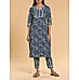 Navy blue 60's cotton printed kurti with embroidery and matching bottom