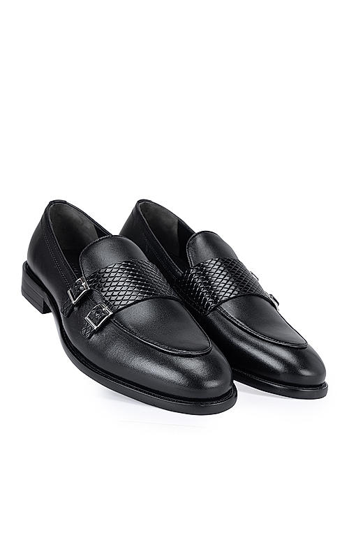 Black Textured Leather Monk Straps