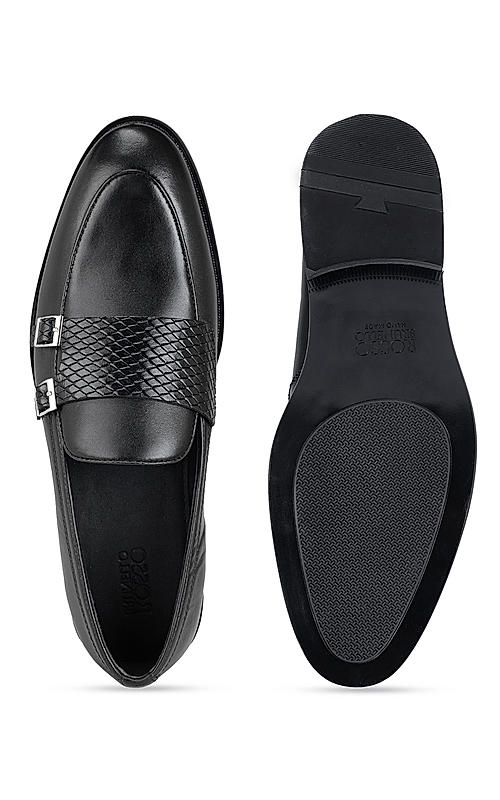 Black Textured Leather Monk Straps