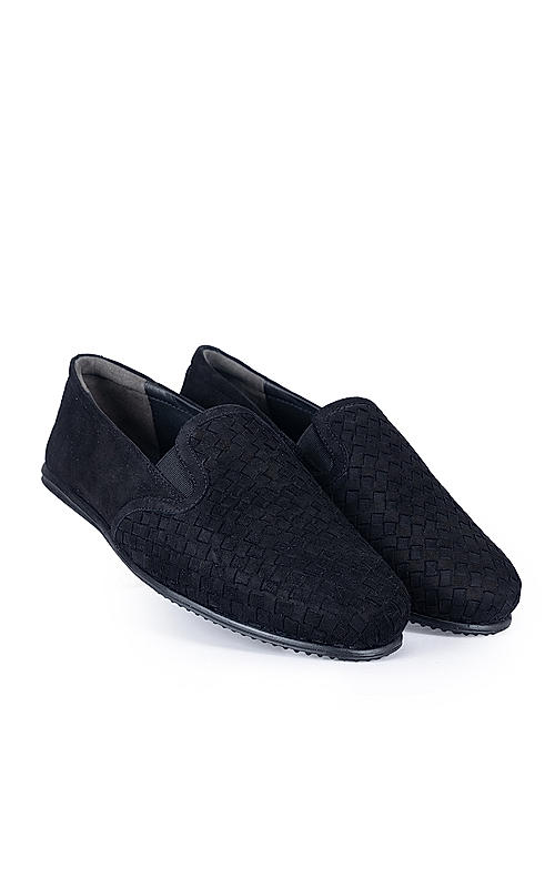 Black Suede Woven Pattern Loafers