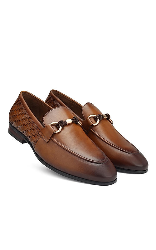 Tan Textured Loafers With Buckle