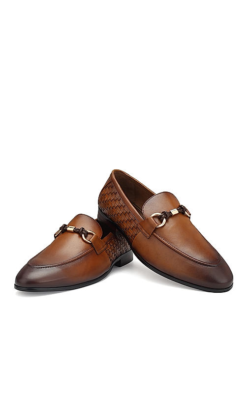 Tan Textured Loafers With Buckle