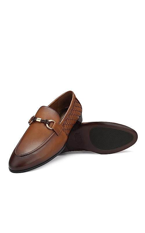 Tan Textured Loafers With Buckle