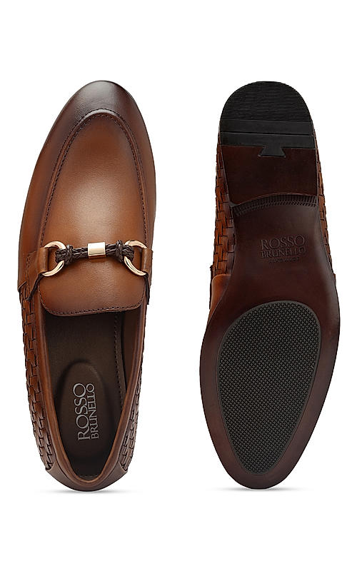 Tan Textured Loafers With Buckle