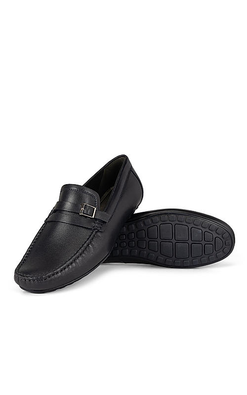 Navy Leather Band Buckle Moccasins