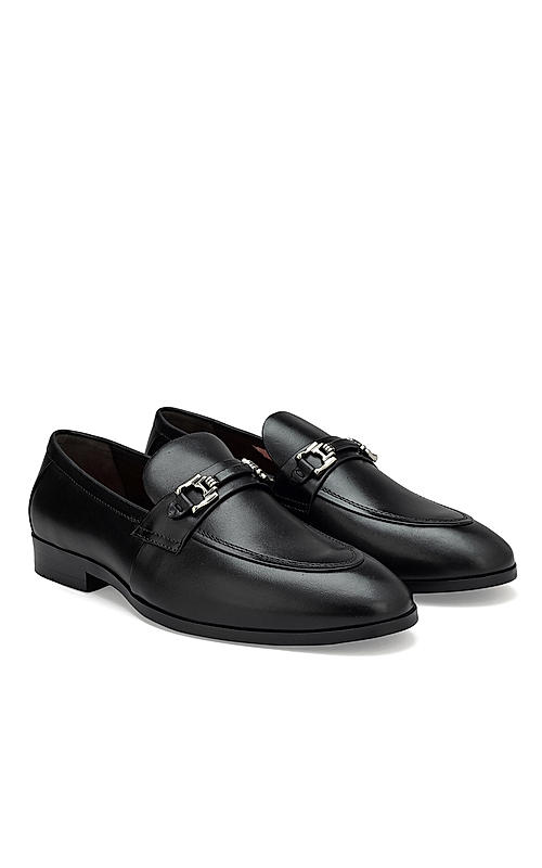 Black Embellished Leather Loafers