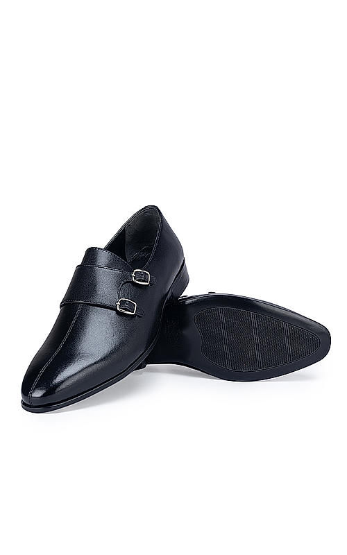 Black Plain Double Monk Strap Shoes