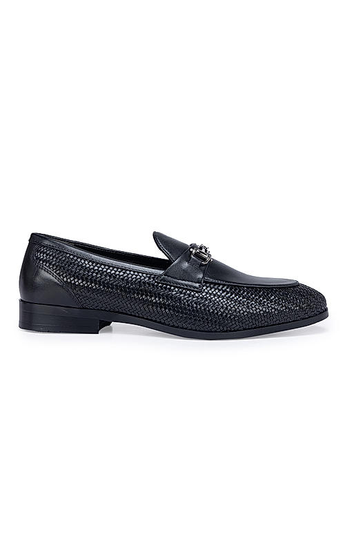Black Textured Loafers With Buckle