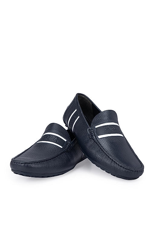 Navy Striped Leather Moccasins