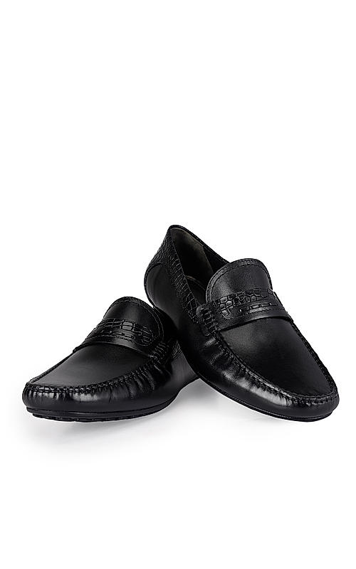 Black Leather Moccasins With Panel On Top
