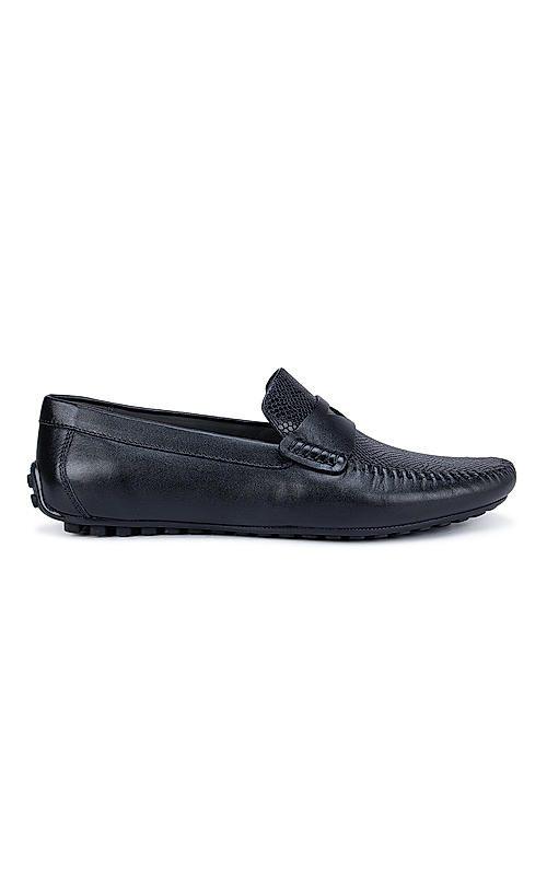 Black Textured Moccasins With Leather Panel