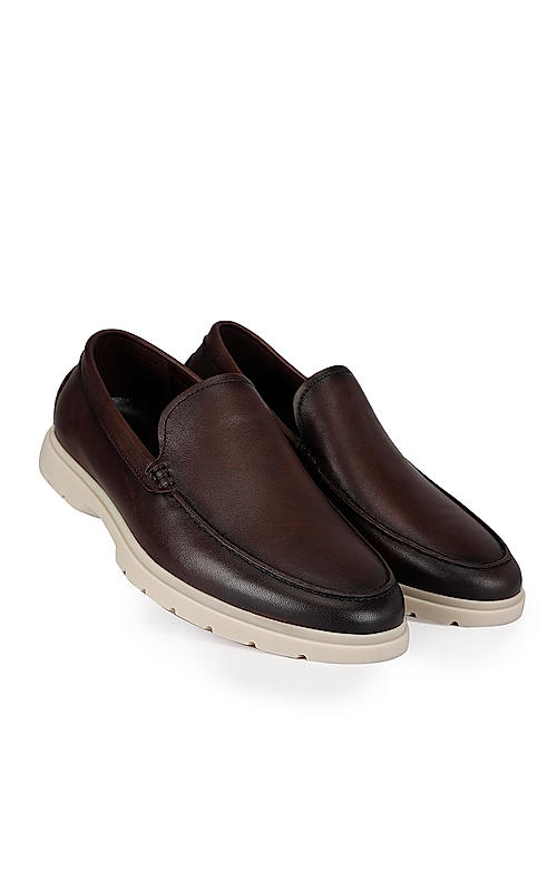 Coffee Leather Loafers With Contrast Sole