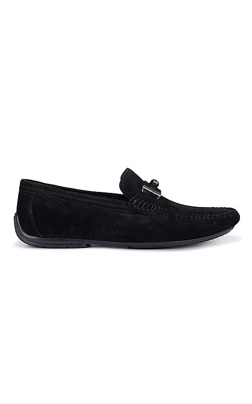 Black Suede Moccasins With Metal Buckle