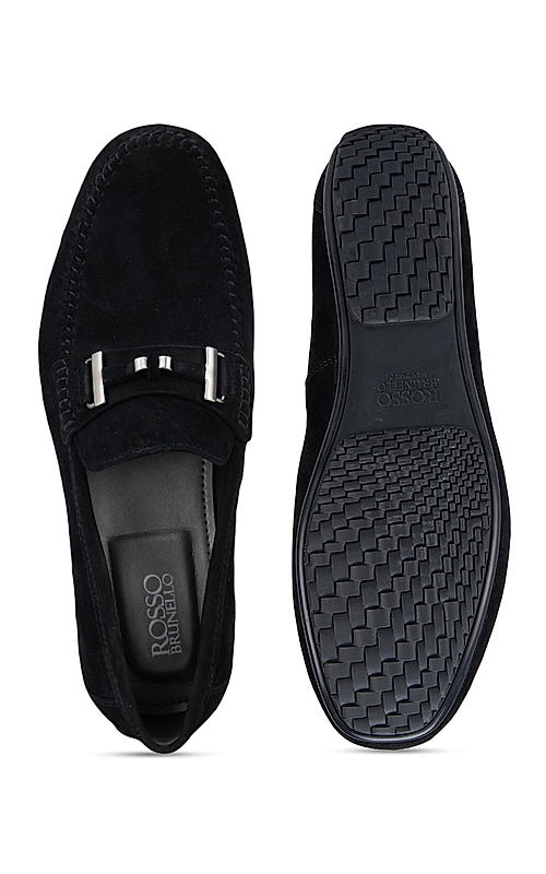 Black Suede Moccasins With Metal Buckle
