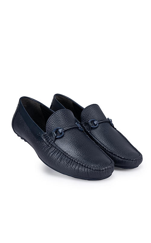 Navy Leather Moccasins With Buckle