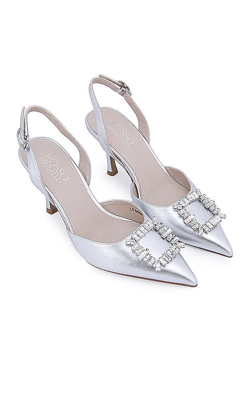 Silver Buckle Embellished Slingback Heels