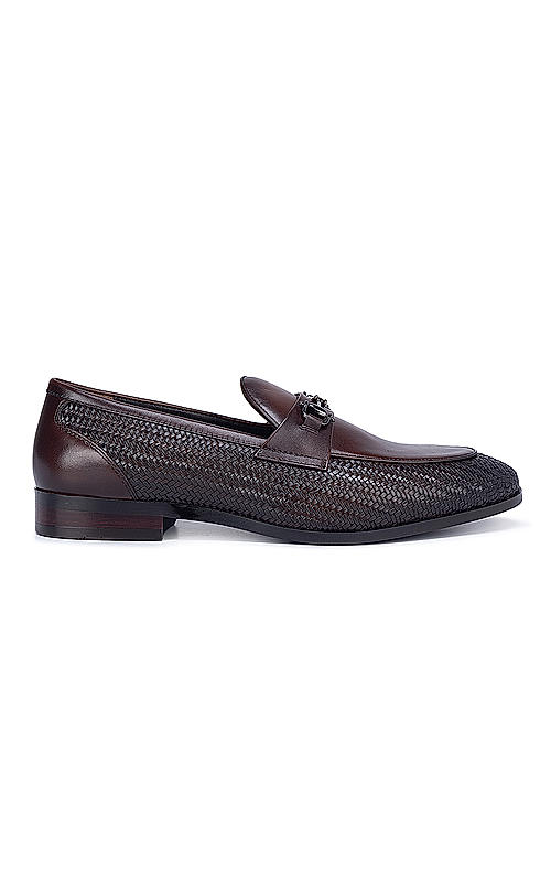 Coffee Textured Loafers With Buckle