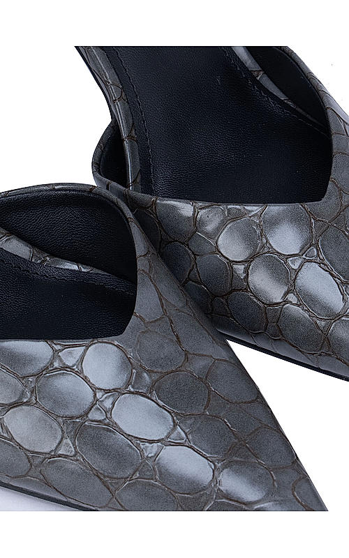 Grey Textured Leather Slingback Heels