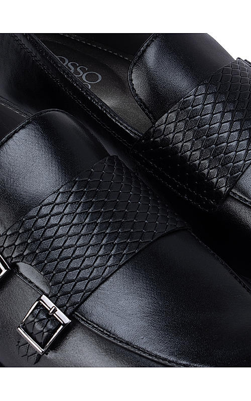 Black Textured Leather Double Monk Straps