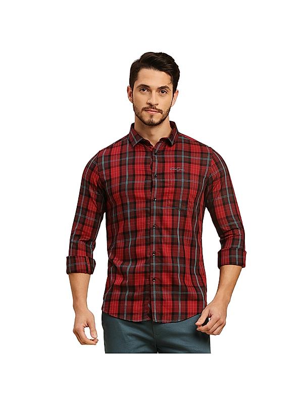 Killer Maroon Checks Shirt Spread Collar Casual Shirts