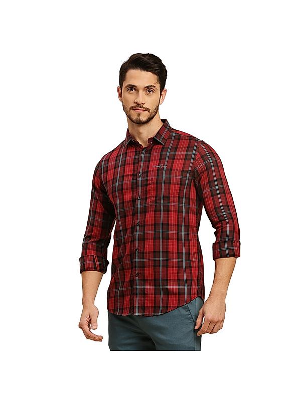 Killer Maroon Checks Shirt Spread Collar Casual Shirts