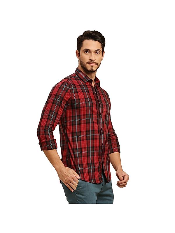 Killer Maroon Checks Shirt Spread Collar Casual Shirts