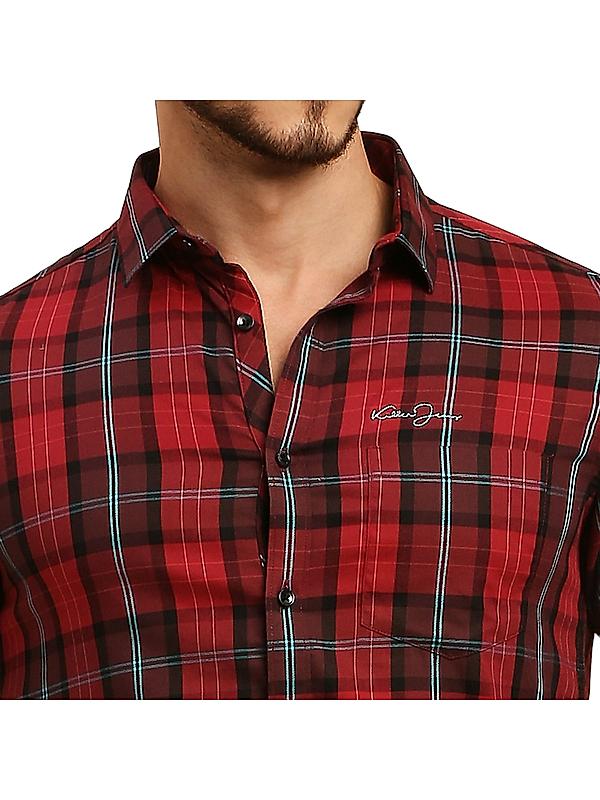 Killer Maroon Checks Shirt Spread Collar Casual Shirts