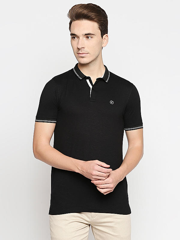 Killer Black Solid Slim Fit Polo Neck T-Shirts