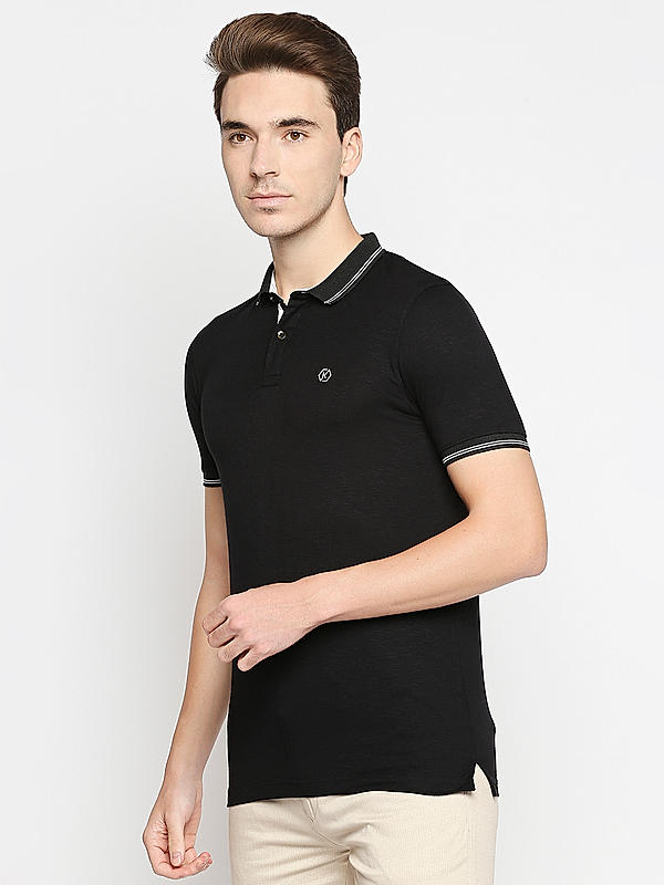 Killer Black Solid Slim Fit Polo Neck T-Shirts