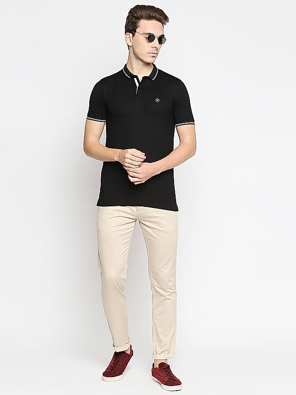 Killer Black Solid Slim Fit Polo Neck T-Shirts