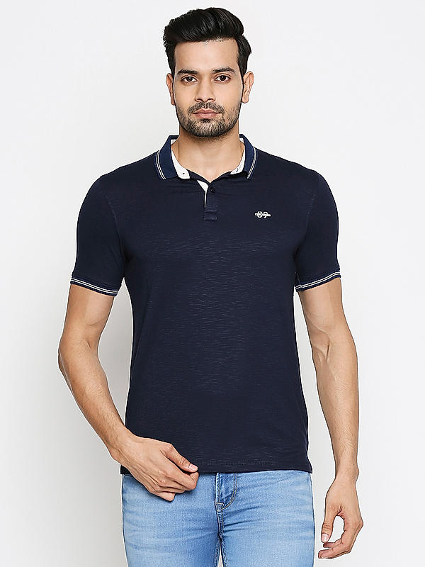 Killer Navy Solid Slim Fit Polo Neck T-Shirts