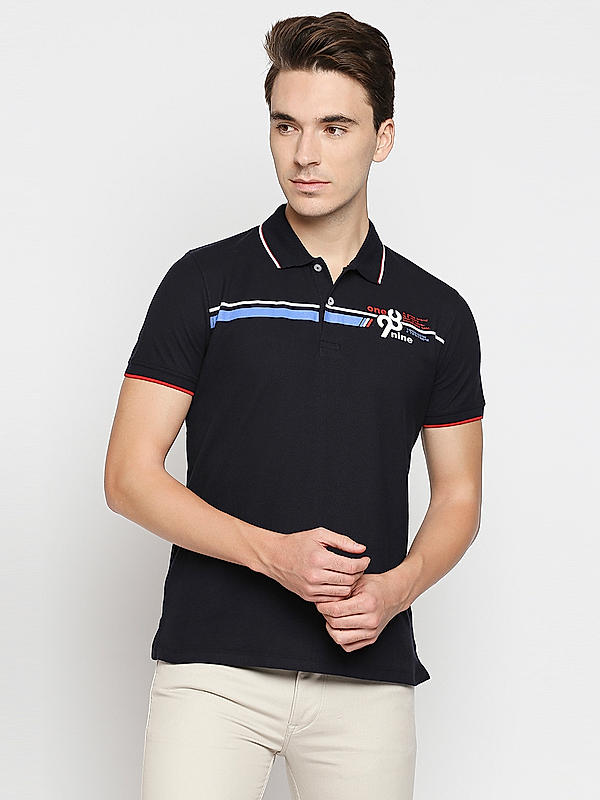 Killer Navy Printed Slim Fit Polo Neck T-Shirts