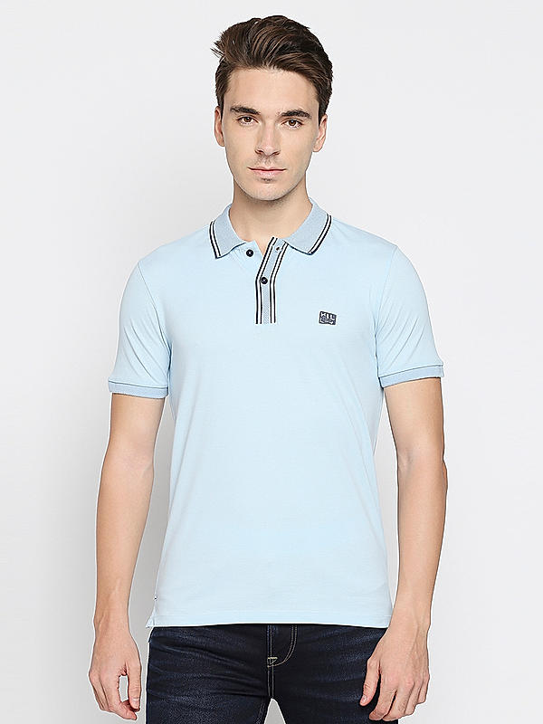 Killer Sky Blue Solid Slim Fit Polo Neck T-Shirts