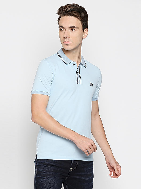 Killer Sky Blue Solid Slim Fit Polo Neck T-Shirts