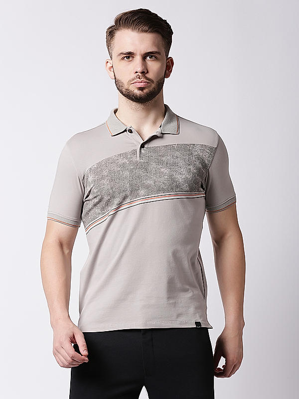 Killer Grey Printed Slim Fit Polo Neck T-Shirts