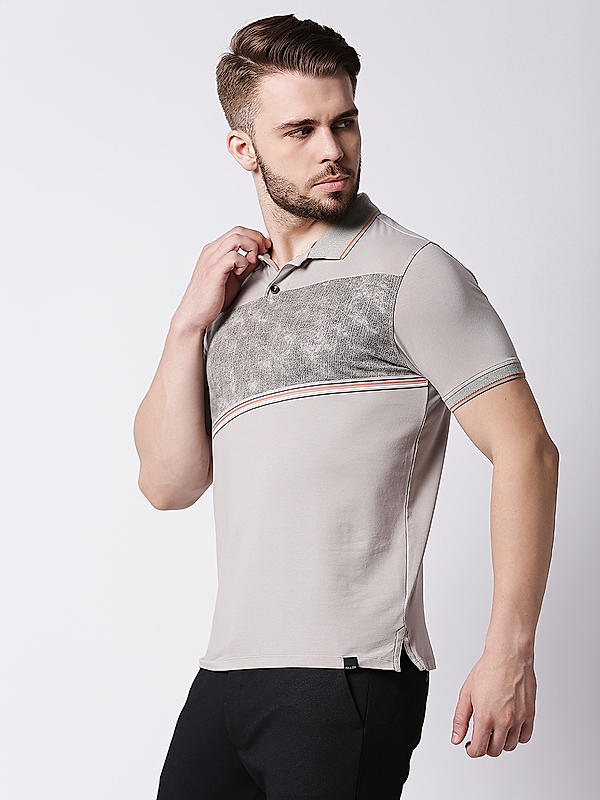 Killer Grey Printed Slim Fit Polo Neck T-Shirts