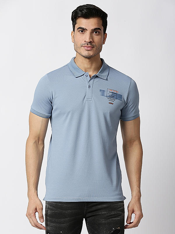 Killer Light Blue Polo Neck Printed T-Shirts